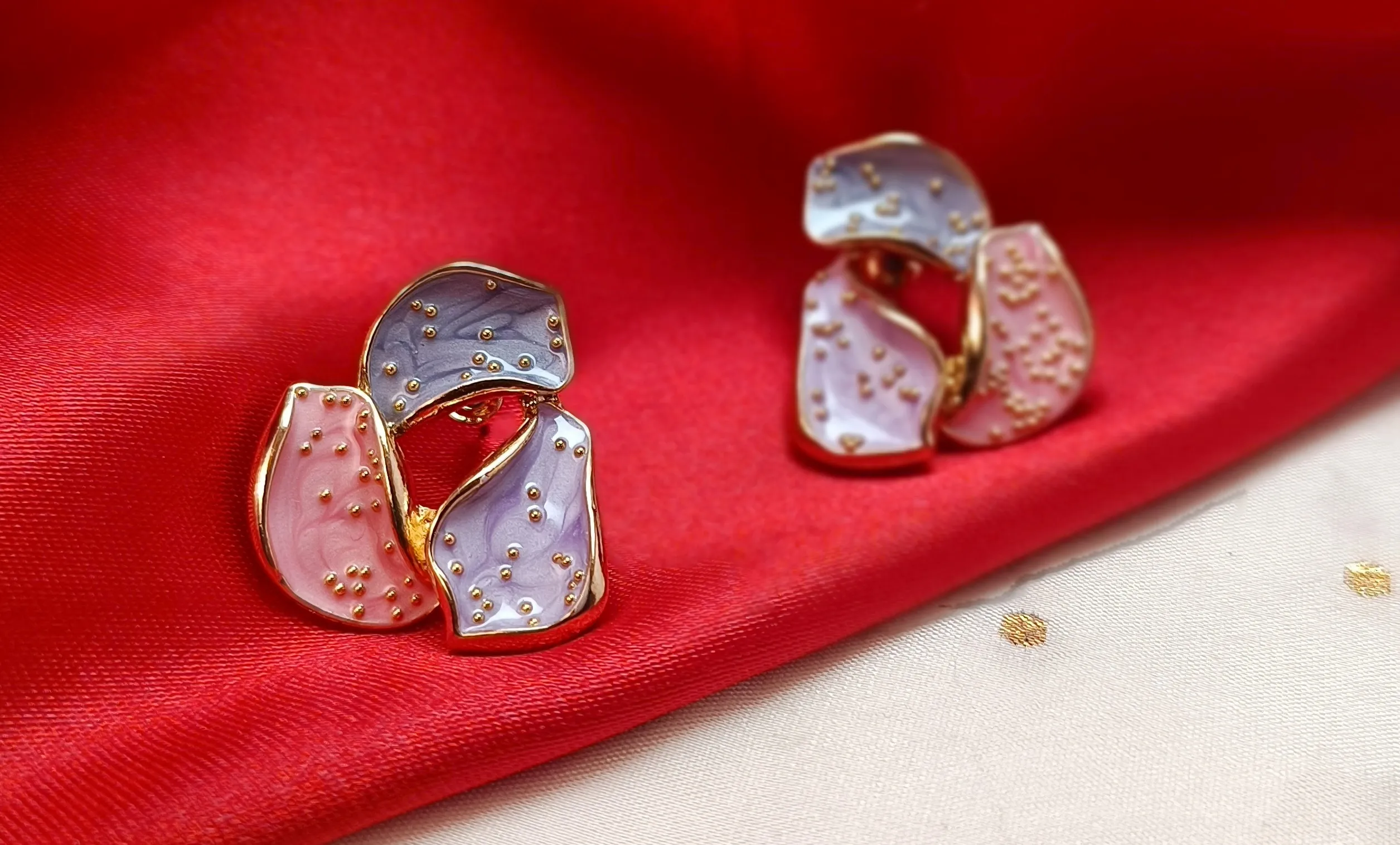  Prism Petal Palette  Purple Pink  Abstract Enamel Trio Studs  Multi-Color Pastel Korean-Style Earrings